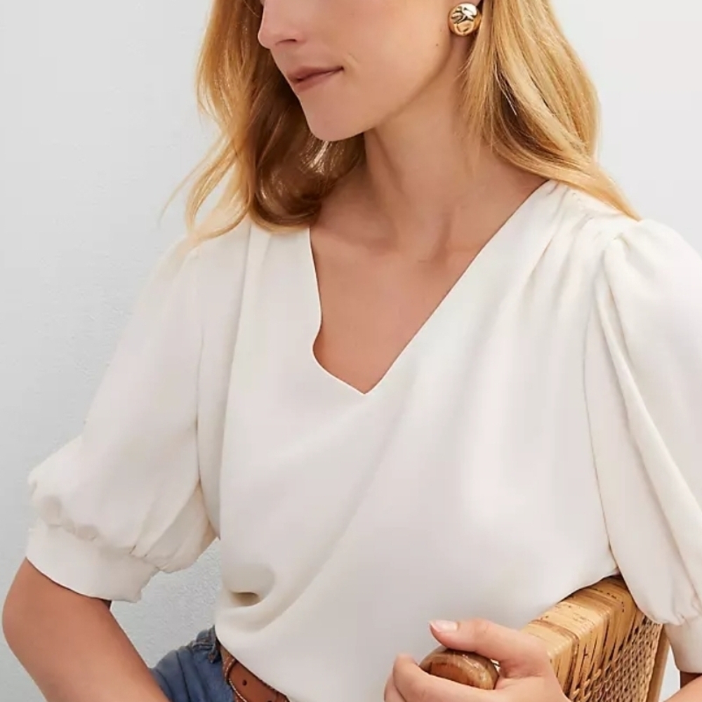 Ann Taylor Cream Puff Sleeve Wrap Blouse